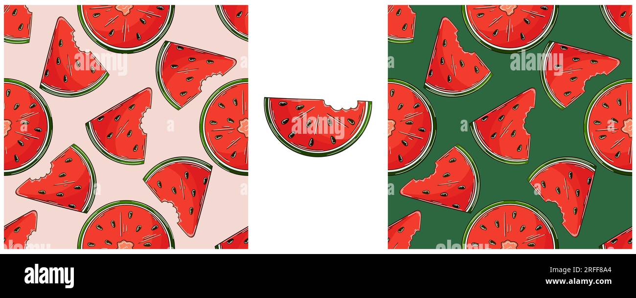 Watermelons. Seamless pattern for kitchen, restaurant or shop.Color  Set in hand draw style. Can be used for fabric and etc Stock Vector