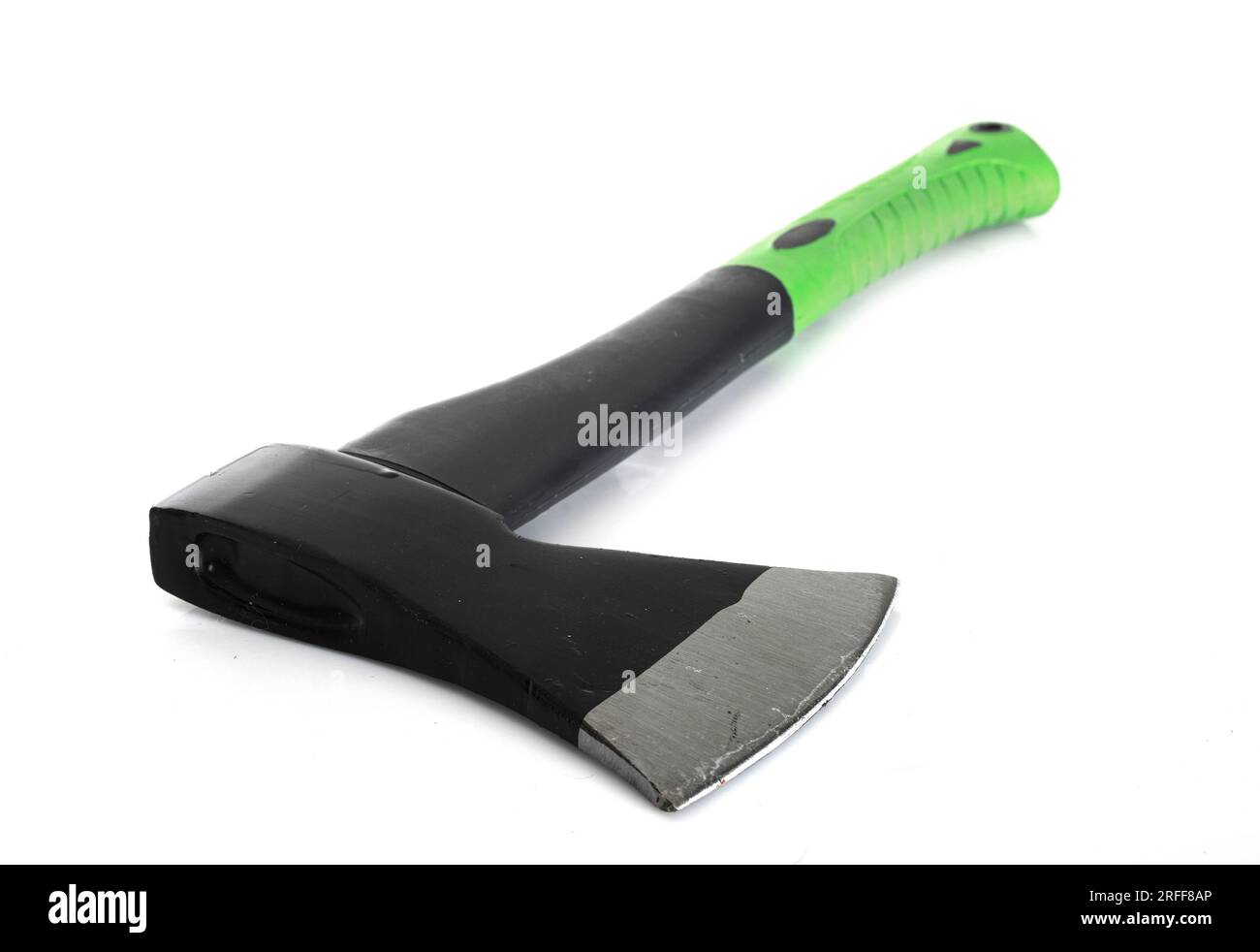 green hatchet in front of white background Stock Photo
