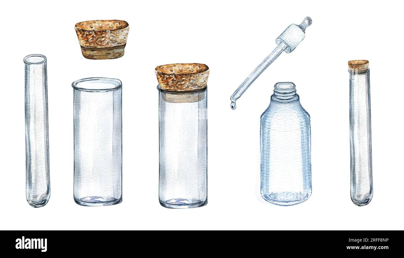 Set of glass flask with cork watercolor illustration isolated on white