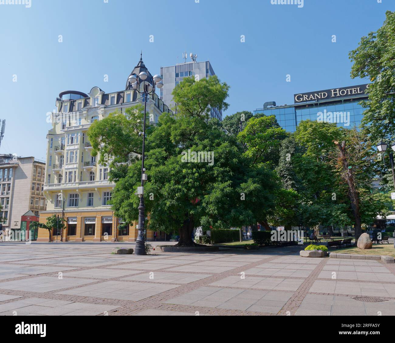 Hotels and elaborate imposing buildings in the City Garden area in the City Garden, in the city of Sofia, Bulgaria. August 3, 2023. Stock Photo