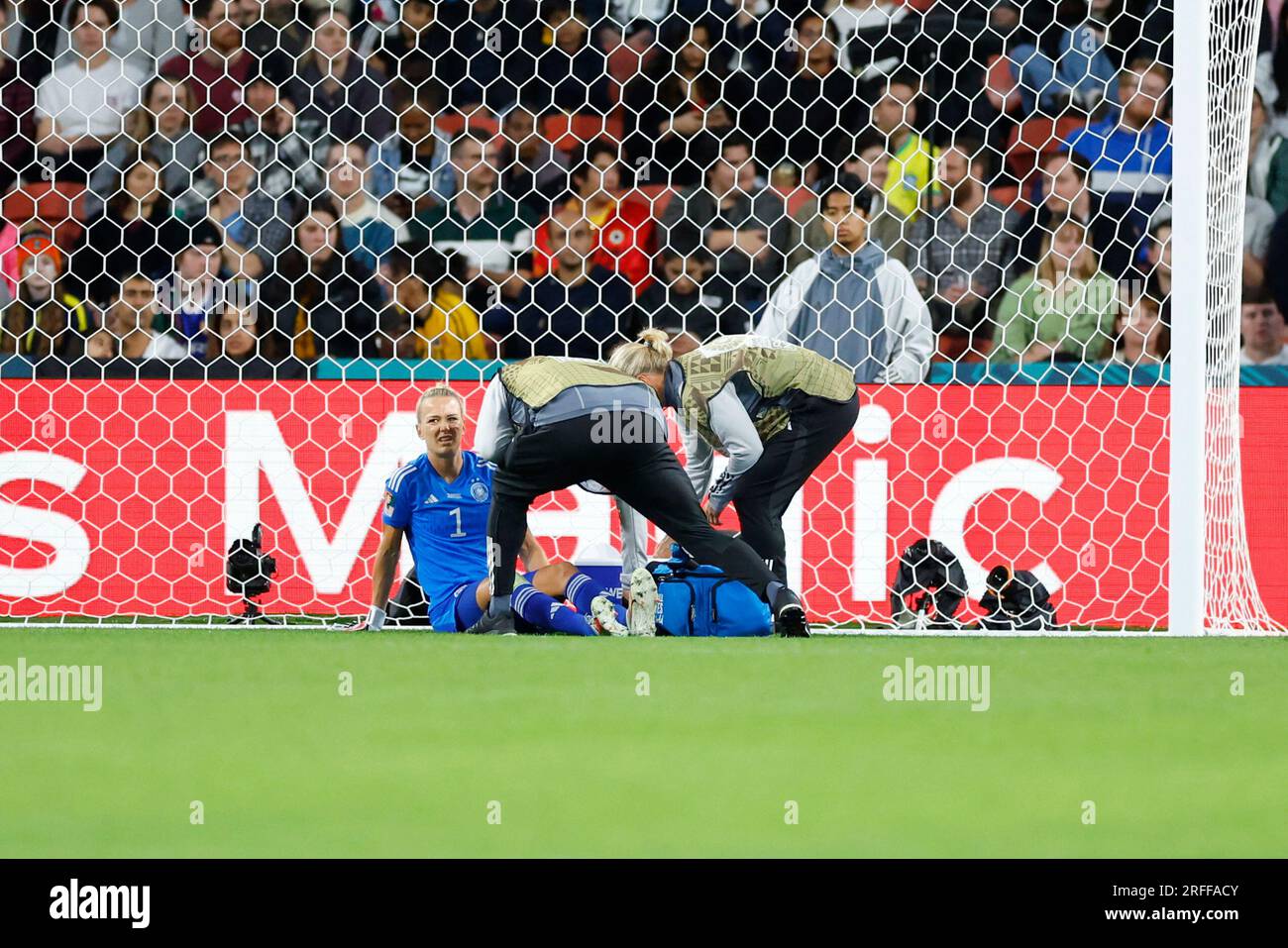 Brisbane, Australia. 03rd Aug, 2023. Brisbane, Australia, August 3rd 2023: Merle Frohms (1 Goalkeeper Germany) receives treatment during the FIFA Womens World Cup 2023 Group H football match between South Korea and Germany at Brisbane Stadium in Brisbane, Australia. (James Whitehead/SPP) Credit: SPP Sport Press Photo. /Alamy Live News Stock Photo