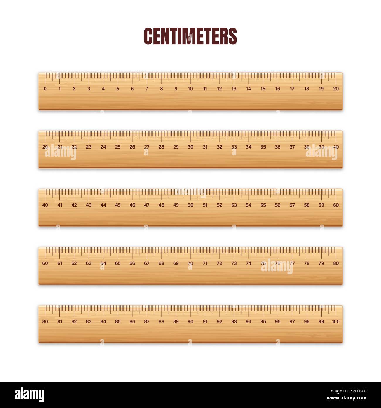 Realistic various wooden rulers with measurement scale and divisions