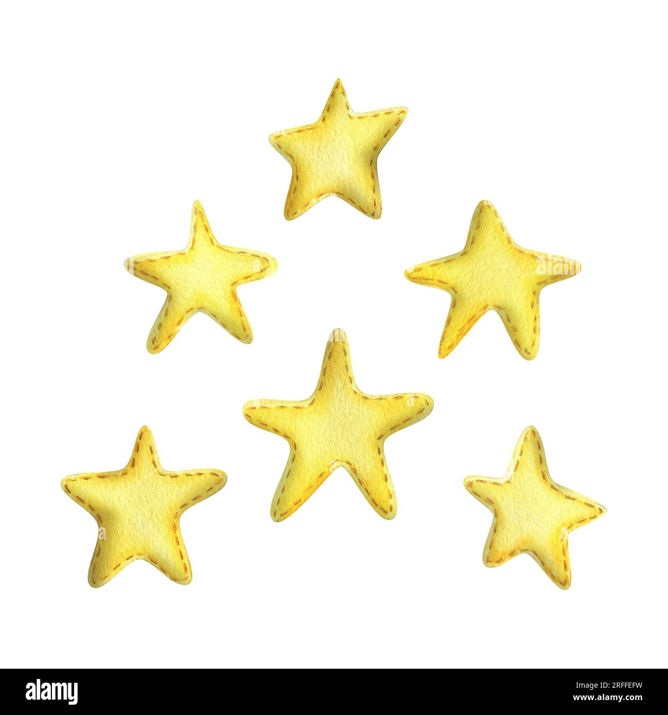 Yellow stars sewn from fabric with thread stitches. Watercolor illustration, hand drawn. Set of isolated objects on a white background. Stock Photo
