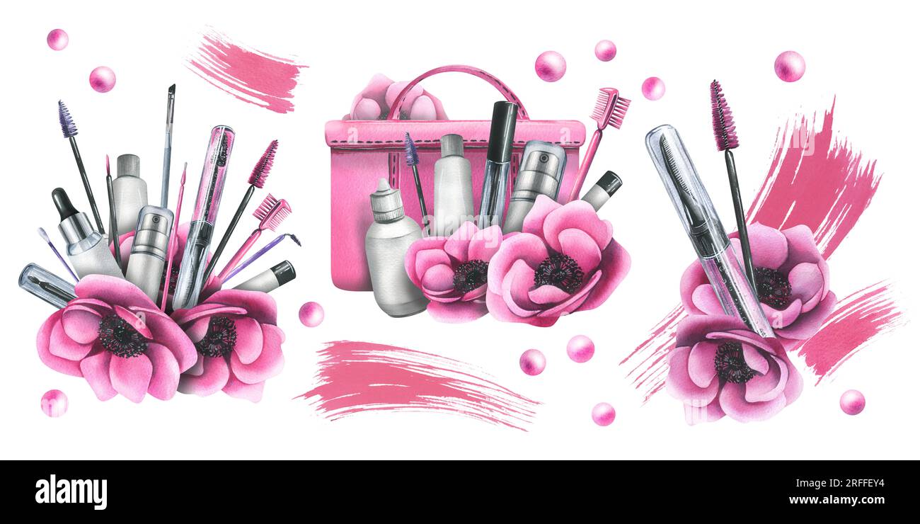 Cosmetic bag with creams, brushes and makeup products pink with flowers