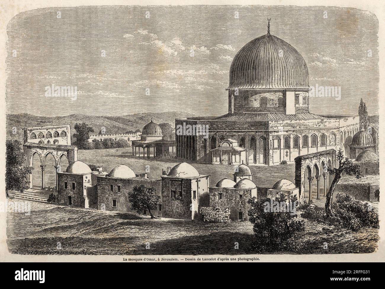 La mosquee d'Omar, edifiee en 691, a Jerusalem, dessin de Lancelot, pour illustrer le voyage en Palestine, en 1856, de M. Bida. Gravure in 'Le tour du monde, nouveau journal des voyages' Paris, 1860. Stock Photo