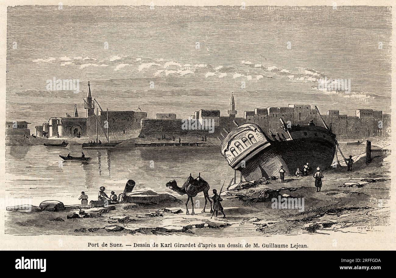 Le port de Suez ( Egypte), dessin de Karl Girardet (1813-1871) pour illustrer le voyage en Afrique orientale, en1860, de Guillaume Lejean ( 1824-1871). Gravure in 'Le tour du monde, nouveau journal des voyages' Paris, 1860. Stock Photo