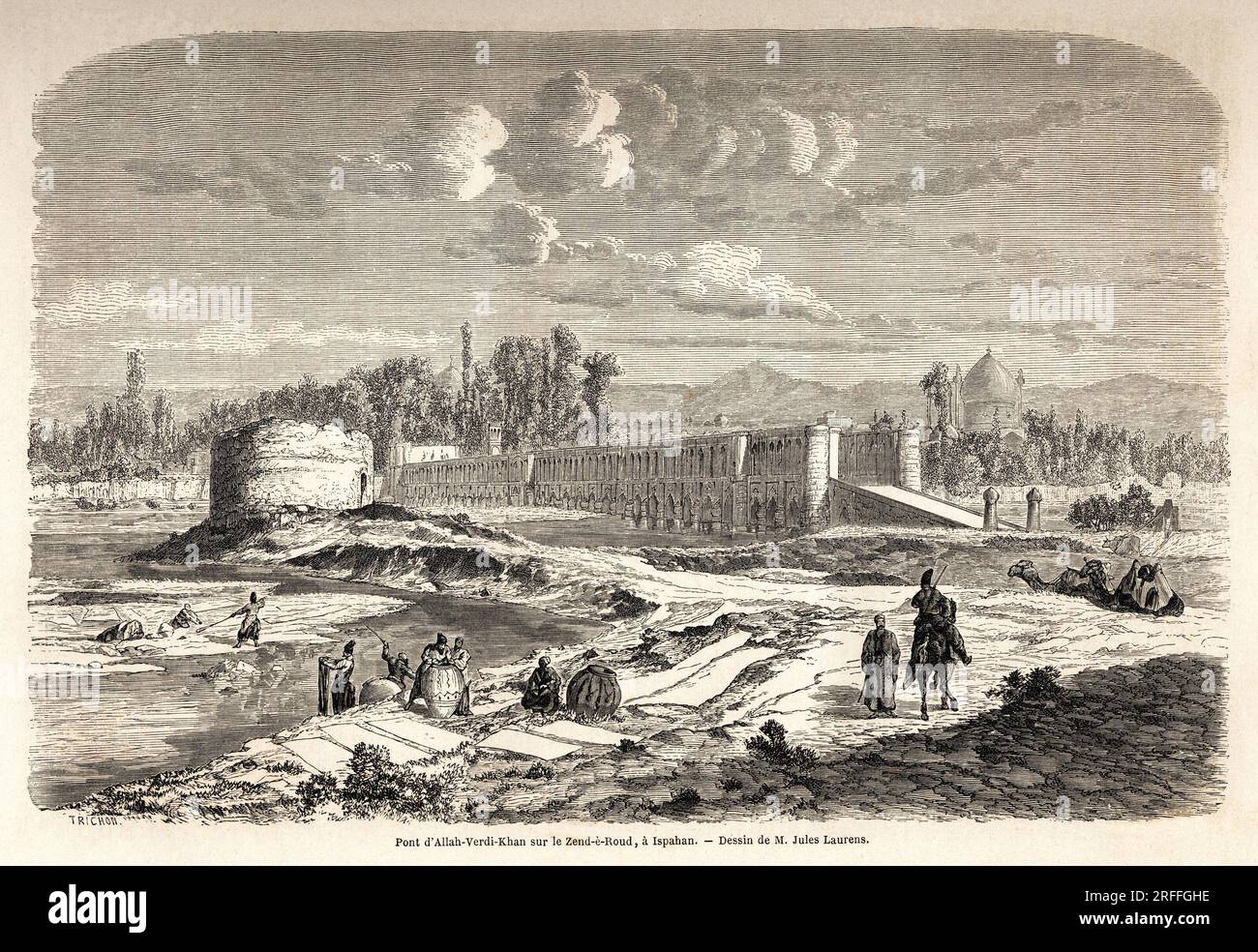 Le pont Allah Verdi Kahn, erige vers 1608, a Ispahan (ou Isfahan) (Iran), a la fois lieu de passage pour traverser la riviere Zend e Roud, mais aussi barrage pour reguler le cours de la riviere, avec un Talar, ou kiosque des miroirs, ou le souverain perse pouvait observer la riviere. Dessin de Jules Laurens (1825-1901), pour illustrer le voyage en Perse, de 1855 a 1858, d'Arthur Gobineau (1816-1882). Gravure in 'Le tour du monde, nouveau journal des voyages' Paris, 1860. Stock Photo