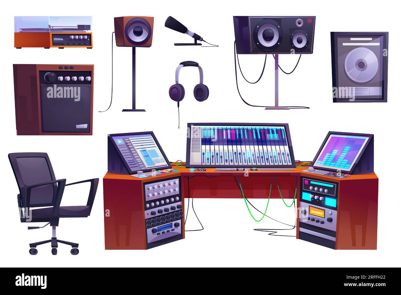 Cartoon set of sound recording studio equipment isolated on white  background. Vector illustration of professional music mixer with buttons  and wires, earphones, loudspeaker, microphone, record player Stock Vector  Image & Art 