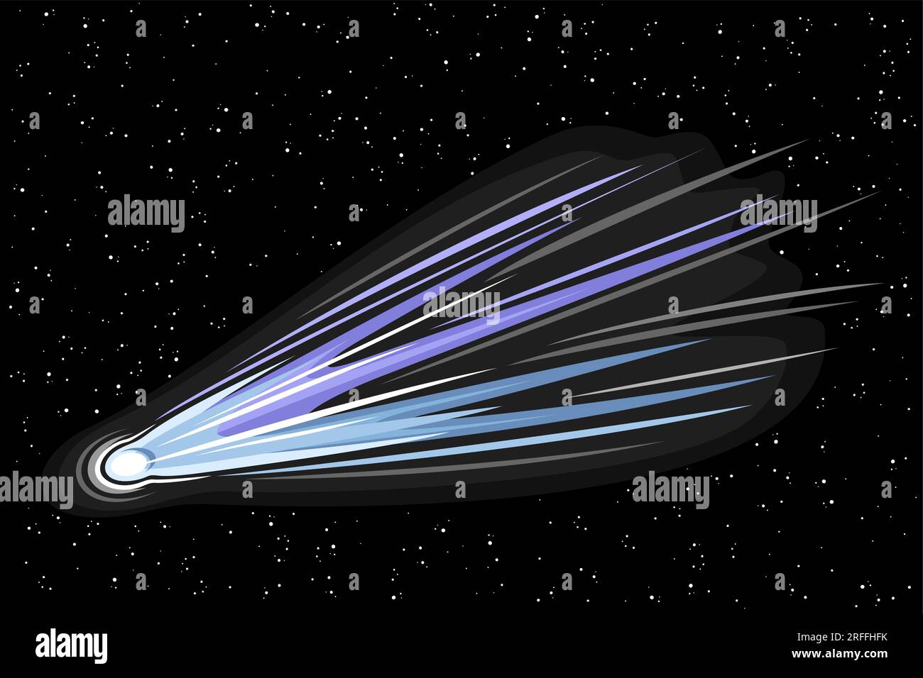 Vector illustration of Comet, horizontal astronomical poster with cartoon design shooting blue ice comet, line art cosmo print with futuristic purple Stock Vector
