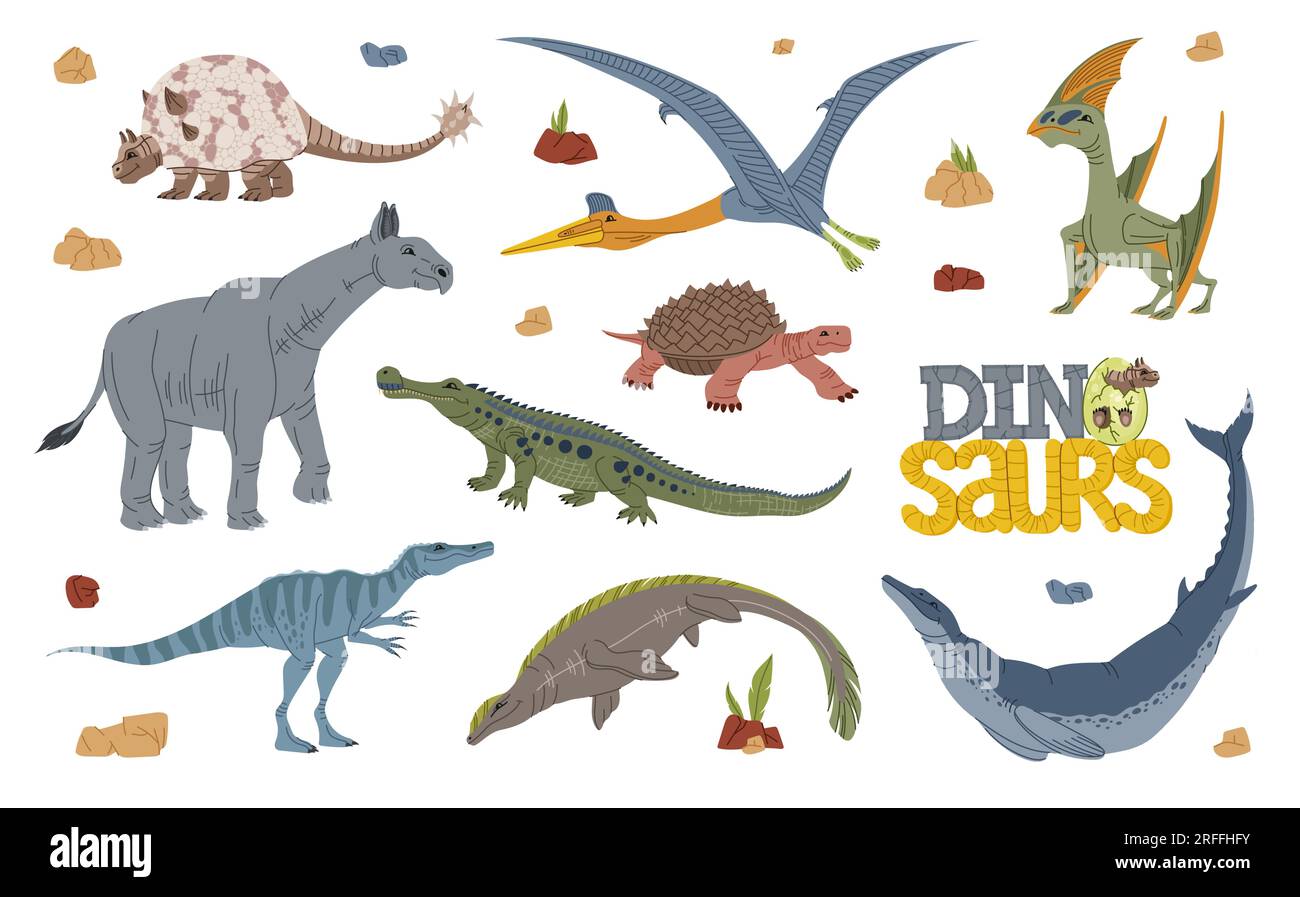 Cartoon dinosaur characters with funny prehistoric animals. Vector baby