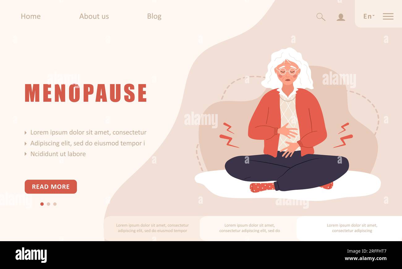Menopause landing page template. Sad elderly woman with female problems