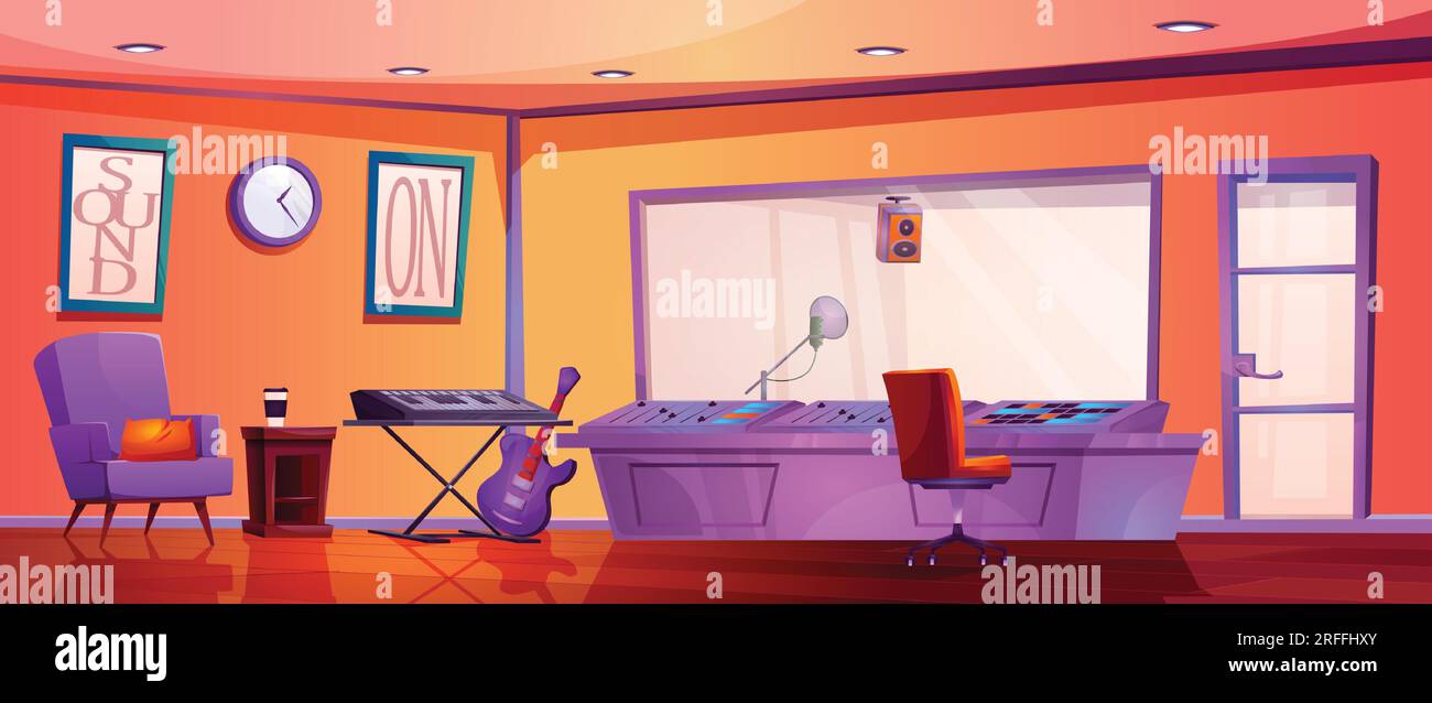 Sound recording studio with synthesizer, guitar and professional sound control equipment. Vector cartoon illustration of room with microphone behind glass, music mixer with buttons and wires, armchair Stock Vector