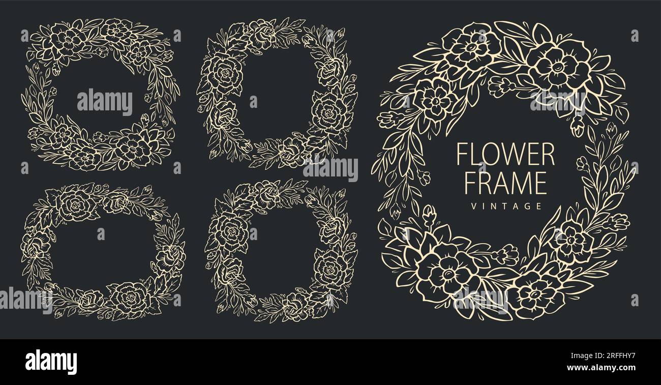 Floral frames luxury collection. Drawn line wedding herb, leaves and ...