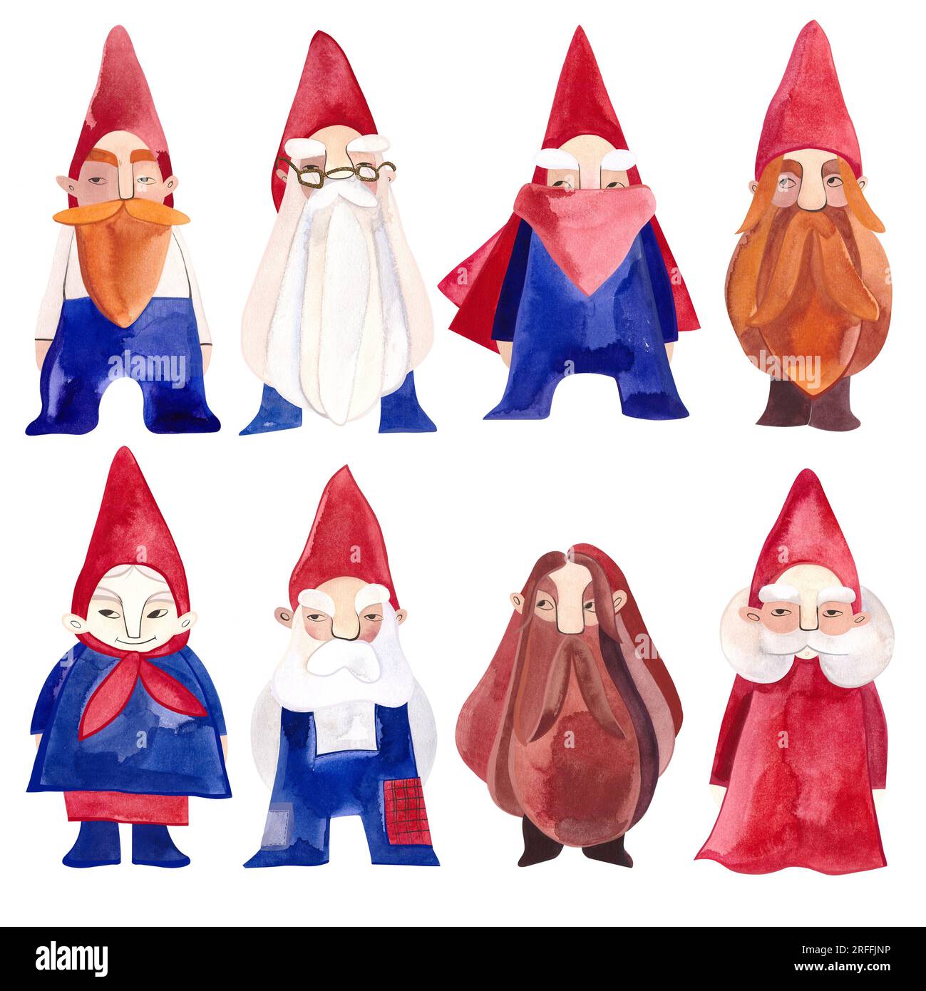 Set of watercolor gnomes in blue costumes and red hats. Family ...