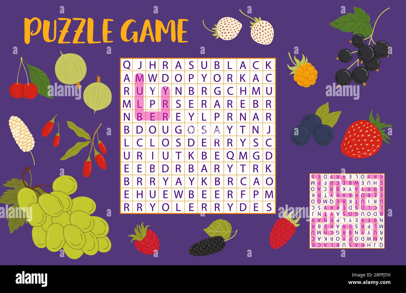 Word search puzzle game. Forest and garden ripe berries kids quiz grid. Vector crossword