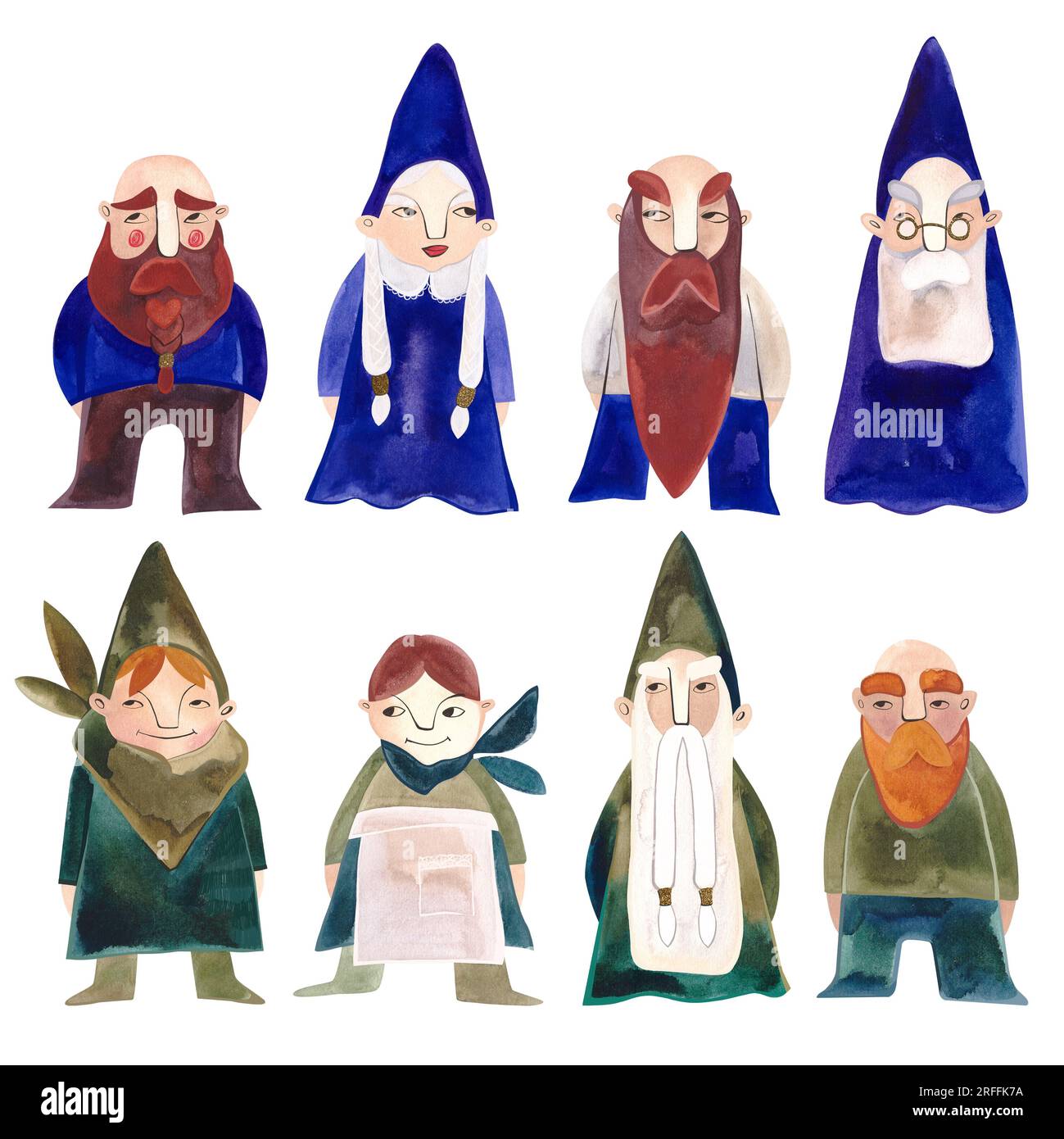 Set of watercolor gnomes in blue and green costumes. Family. Isolated ...