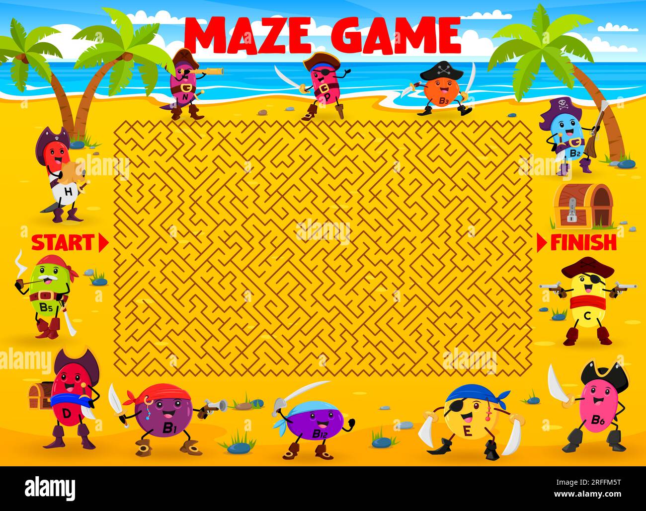 Labyrinth maze game, help to cartoon vitamin and micronutrient pirate ...
