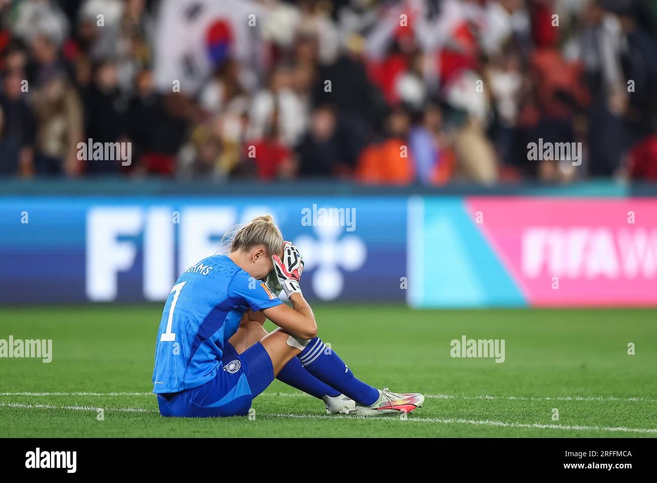 Merle Frohms #1 of Germany is dejected as Germany are eliminated at the end of the FIFA Women's World Cup 2023 Group H match South Korea vs Germany Women at Suncorp Stadium, Brisbane, Australia, 3rd August 2023 (Photo by Patrick Hoelscher/News Images) Credit: News Images LTD/Alamy Live News Stock Photo