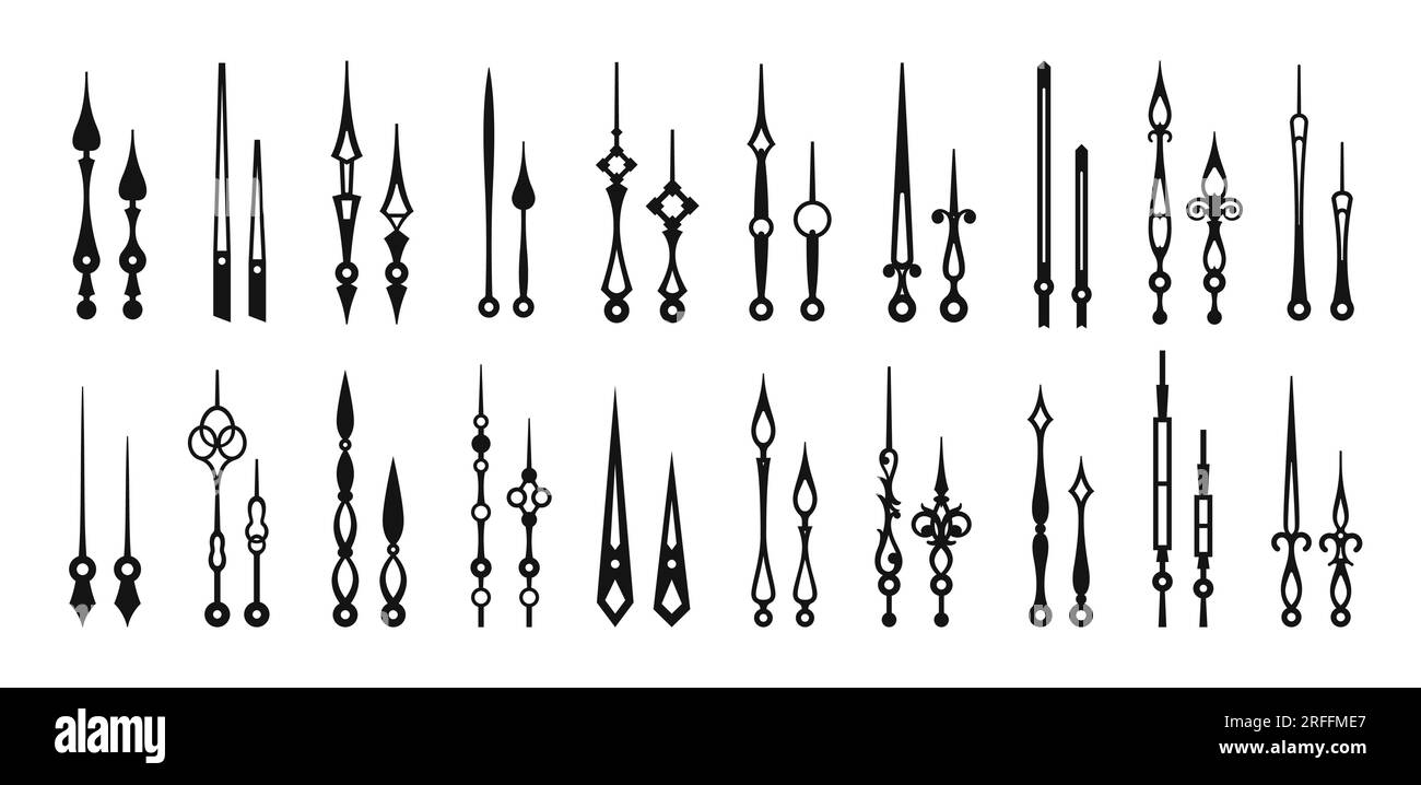 Clock hands, time black pointers, isolated watch arrows. Vector black