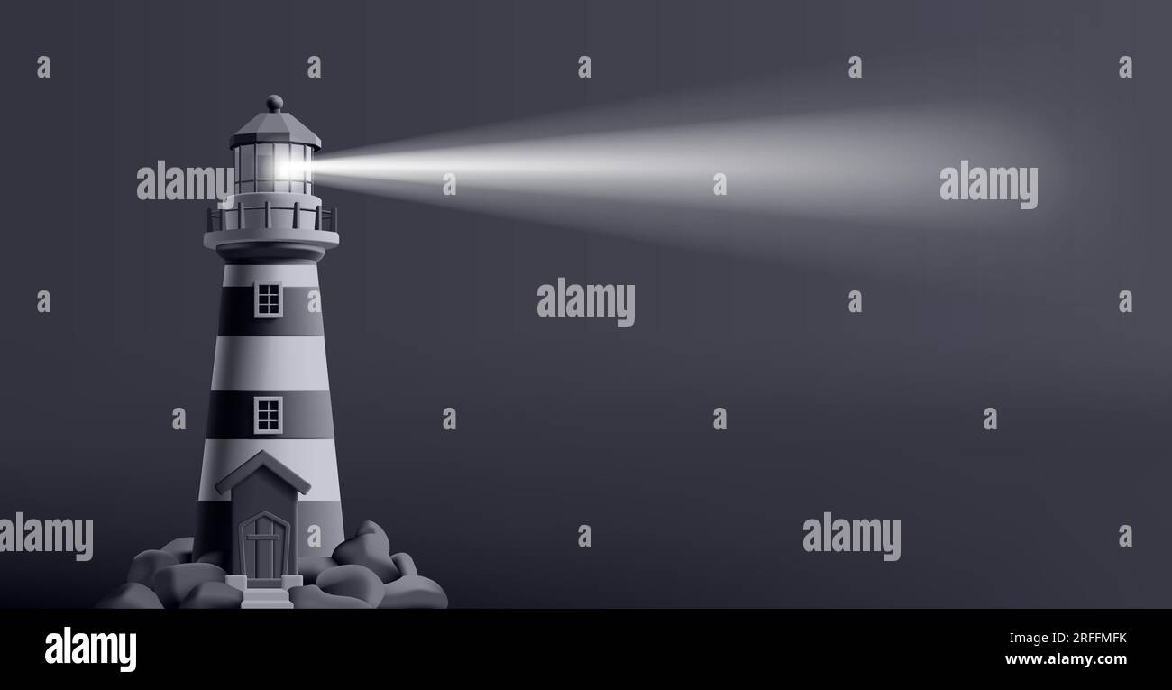 3d render illustration of a lighthouse at night with beacon shining and navigating the route