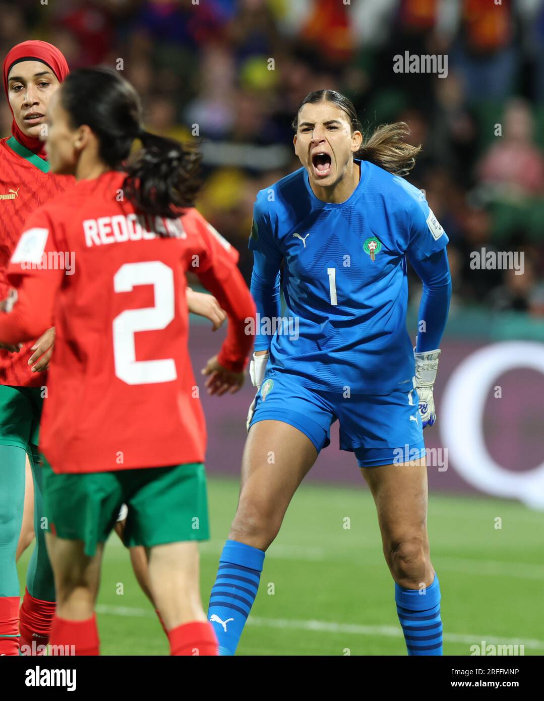 Perth, Australia. 3rd Aug, 2023. Morocco's goalkeeper Khadija Er-Rmichi reacts during the Group H match between Morocco and Colombia at the 2023 FIFA Women's World Cup in Perth, Australia, Aug. 3, 2023. Credit: Ding Ting/Xinhua/Alamy Live News Stock Photo