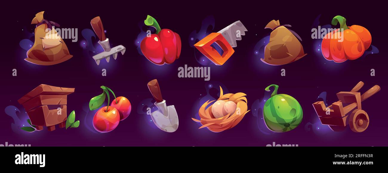 Farm food and gardening tool ui icon illustration set. Fresh vegetable, fruit and farmer equipment glossy mobile interface gui collection. Wooden hive, wheelbarrow, pumpkin and showel with sparkle Stock Vector