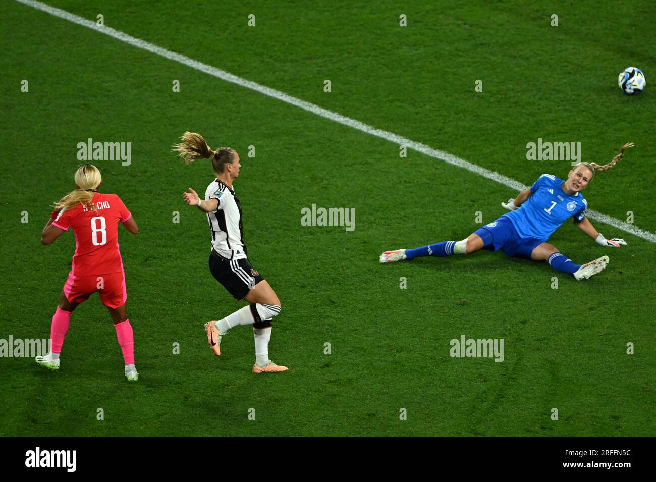 Brisibane, Australia. 3rd Aug, 2023. Germany's goalkeeper Merle Frohms (R) fails to make a save during the Group H match between South Korea and Germany at the 2023 FIFA Women's World Cup in Brisibane, Australia, Aug. 3, 2023. Credit: Li Yibo/Xinhua/Alamy Live News Stock Photo