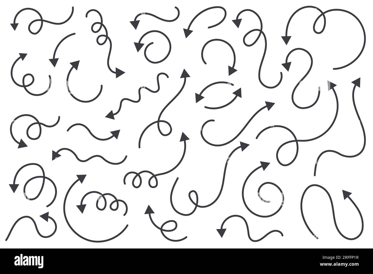 Arrows Vector Set Curved Hand Drawn Elements Doodle Outline Black Stroke Simple Cartoon Swirl 0268