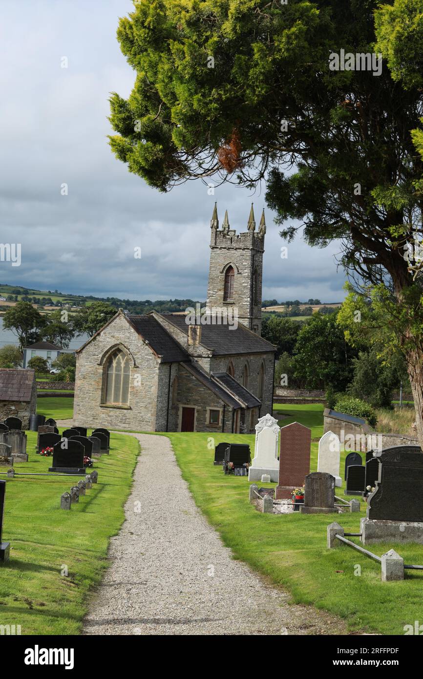 St Mura's Parish Church, a 19th century Church of Ireland church pictured here in summertime sunlight. Fahan, County Donegal, Ireland Stock Photo