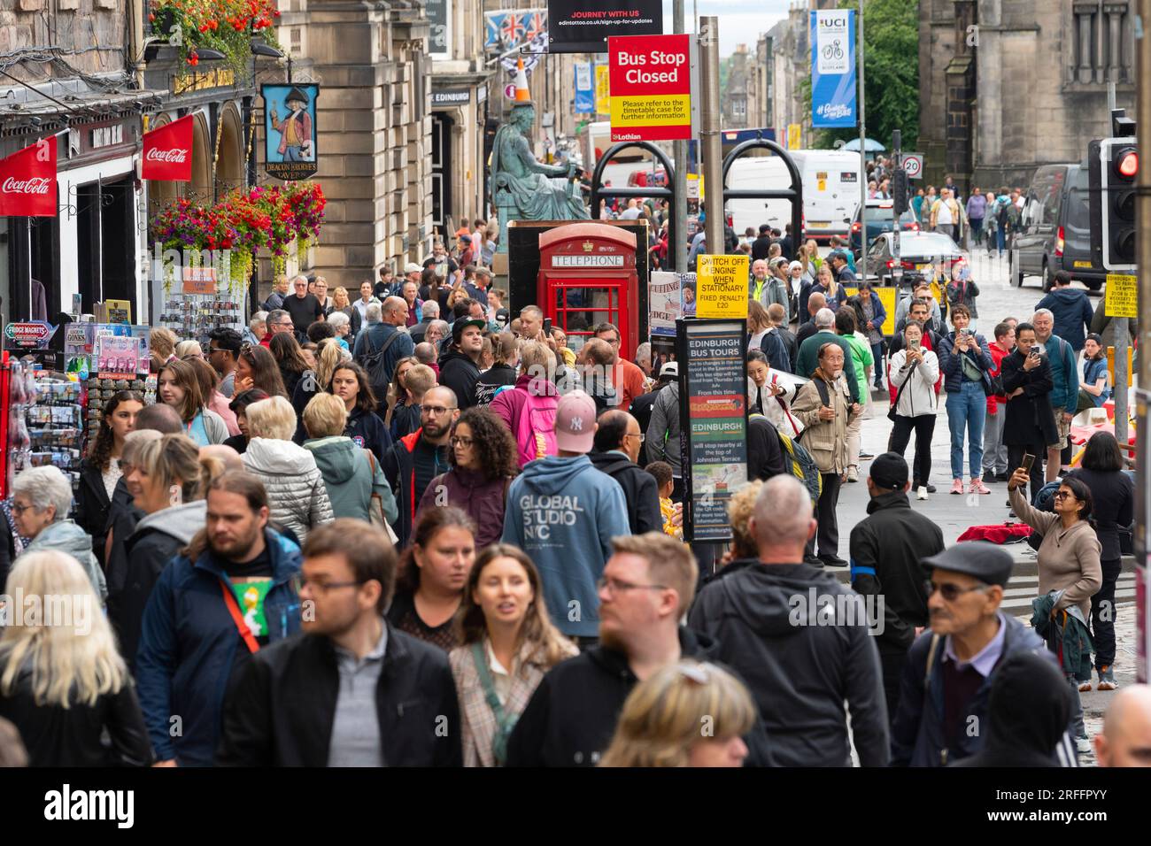 Edinburgh, Scotland, UK. 3rd August 2023.  Many tourists and street performers on the Royal Mile on the day before the official opening day of the Fringe and International festivals.   Iain Masterton/Alamy Live News Stock Photo