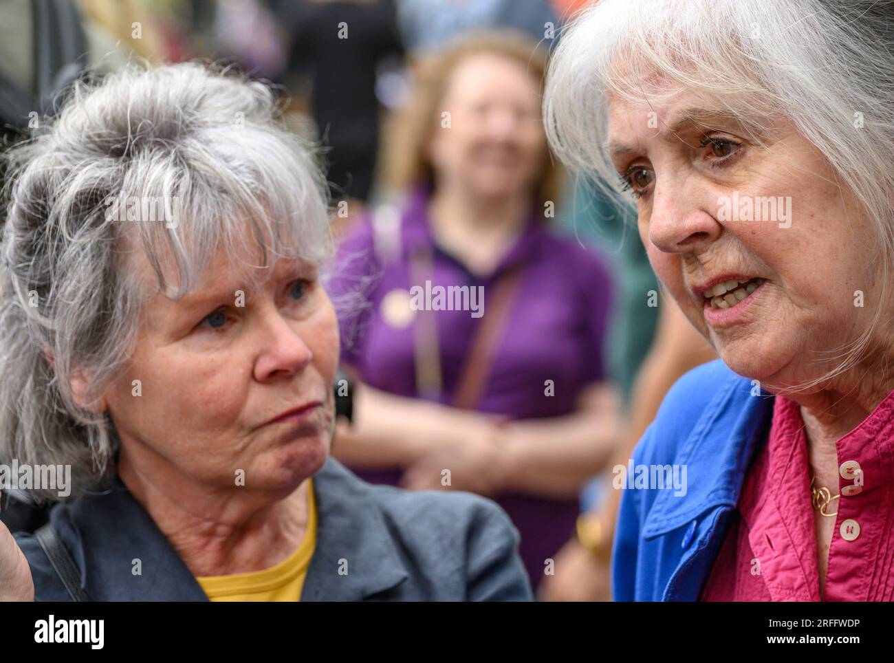 Dame Penelope Wilton and Imelda Staunton at an EQUITY event in Leicester Square supporting the SAG-AFTRA American actors' strike 21st July 2023 Stock Photo