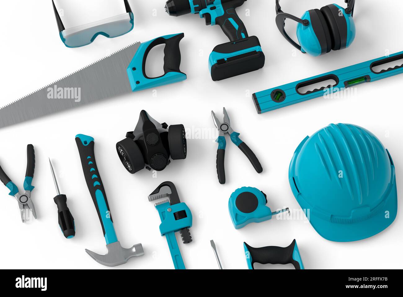 Top view of green construction tools for repair and installation on ...
