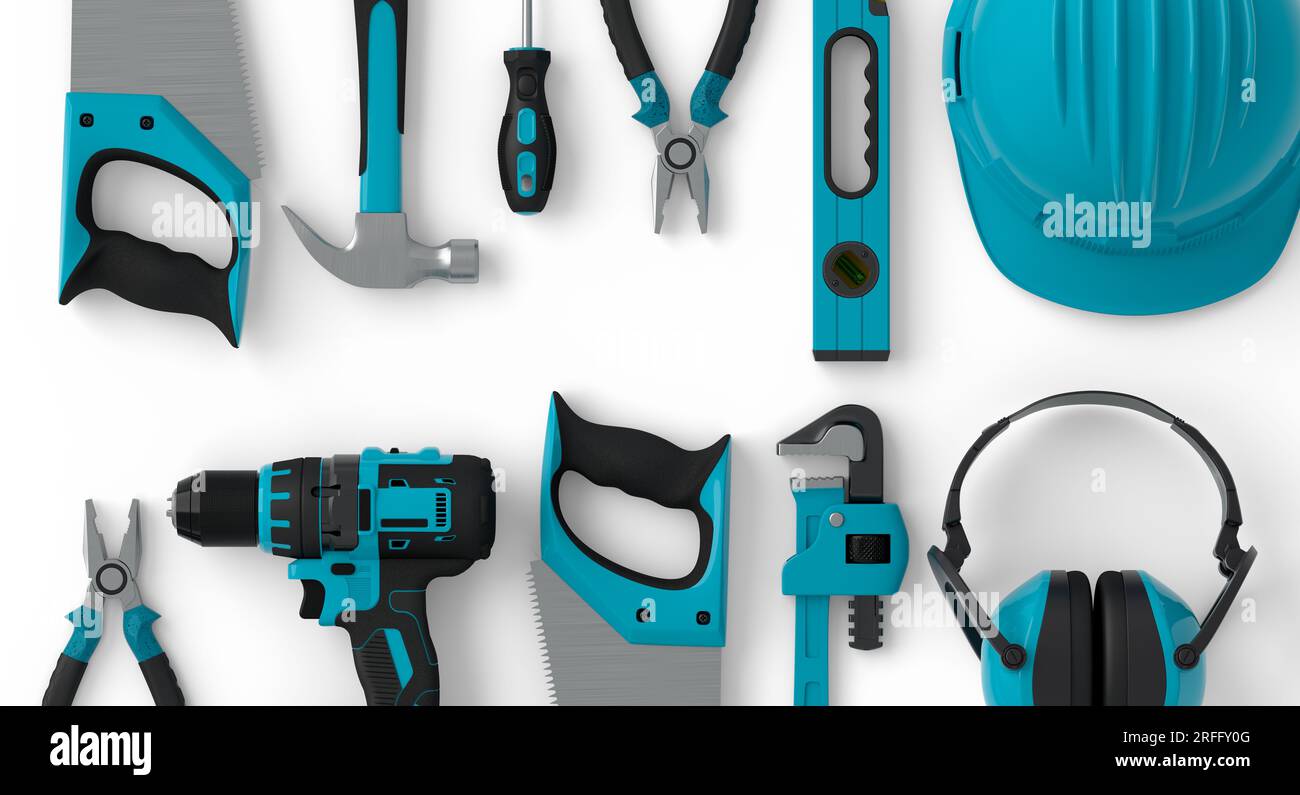 Top view of green construction tools for repair and installation on ...