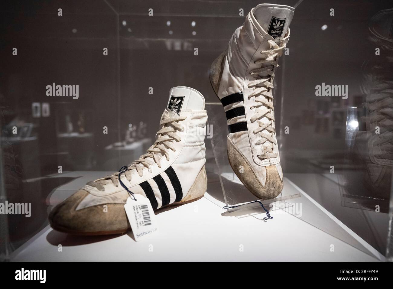 London, UK. 3 August 2023. Stage-worn 'Adidas boxing boots' (Est.  £3,000-5,000) at a preview of 'Freddie Mercury: A World of His Own' at  Sotheby's. A month-long public exhibition precedes six auctions in