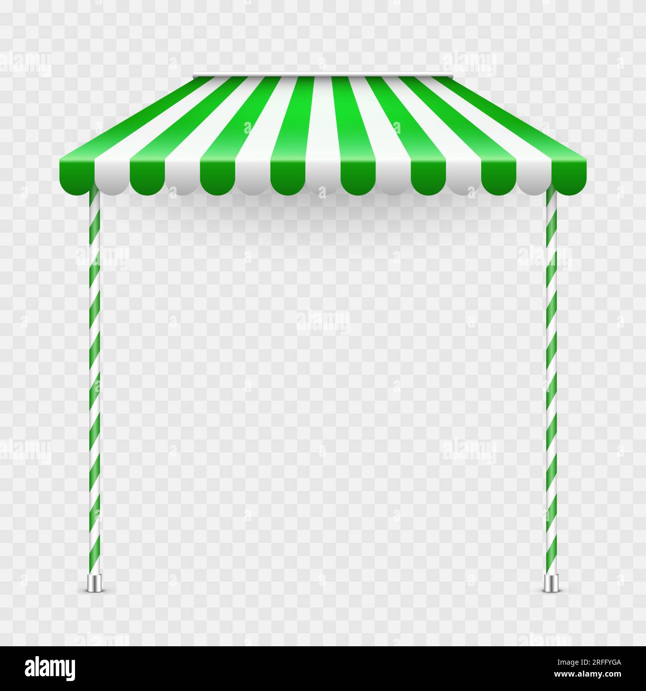 Green shop sunshade with stand holders. Realistic striped cafe awning ...