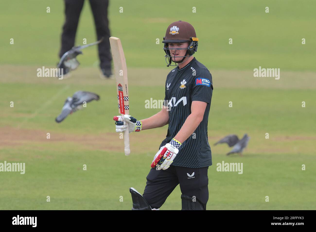 London, UK. 3rd Aug, 2023. Surrey's Ben Geddes gets his fifty as Surrey take on Leicestershire in the Metro Bank One-Day Cup at the Kia Oval. Credit: David Rowe/Alamy Live News Stock Photo