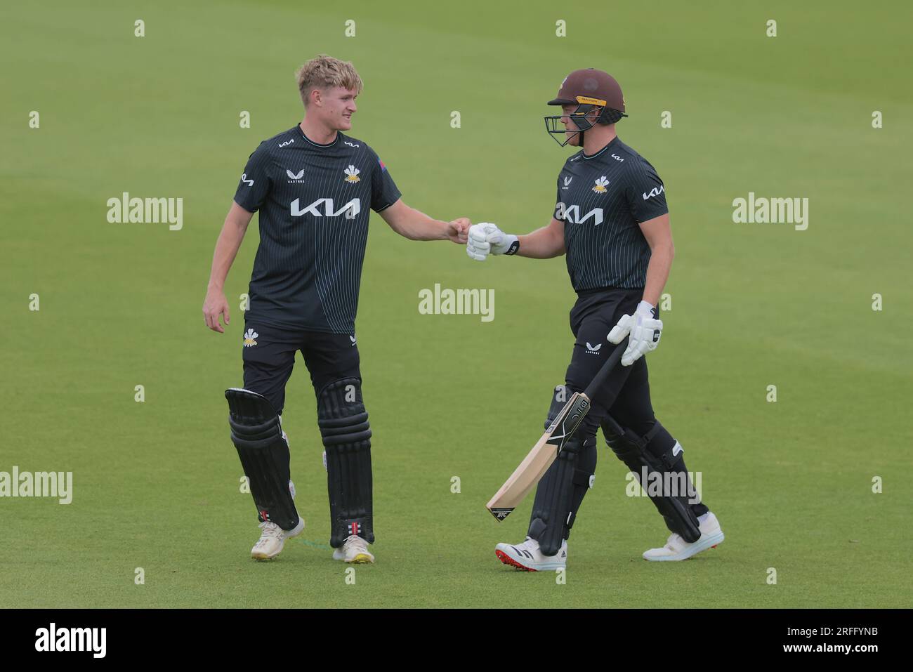 London, UK. 3rd Aug, 2023. Surrey's Ben Geddes and Matthew Dunn batting as Surrey take on Leicestershire in the Metro Bank One-Day Cup at the Kia Oval. Credit: David Rowe/Alamy Live News Stock Photo