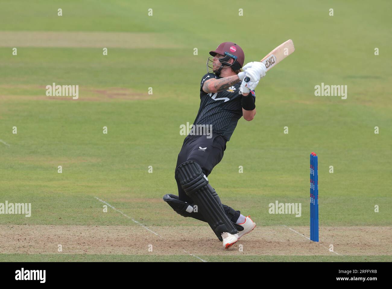 London, UK. 3rd Aug, 2023. Surrey's Conor McKerr batting as Surrey take on Leicestershire in the Metro Bank One-Day Cup at the Kia Oval. Credit: David Rowe/Alamy Live News Stock Photo