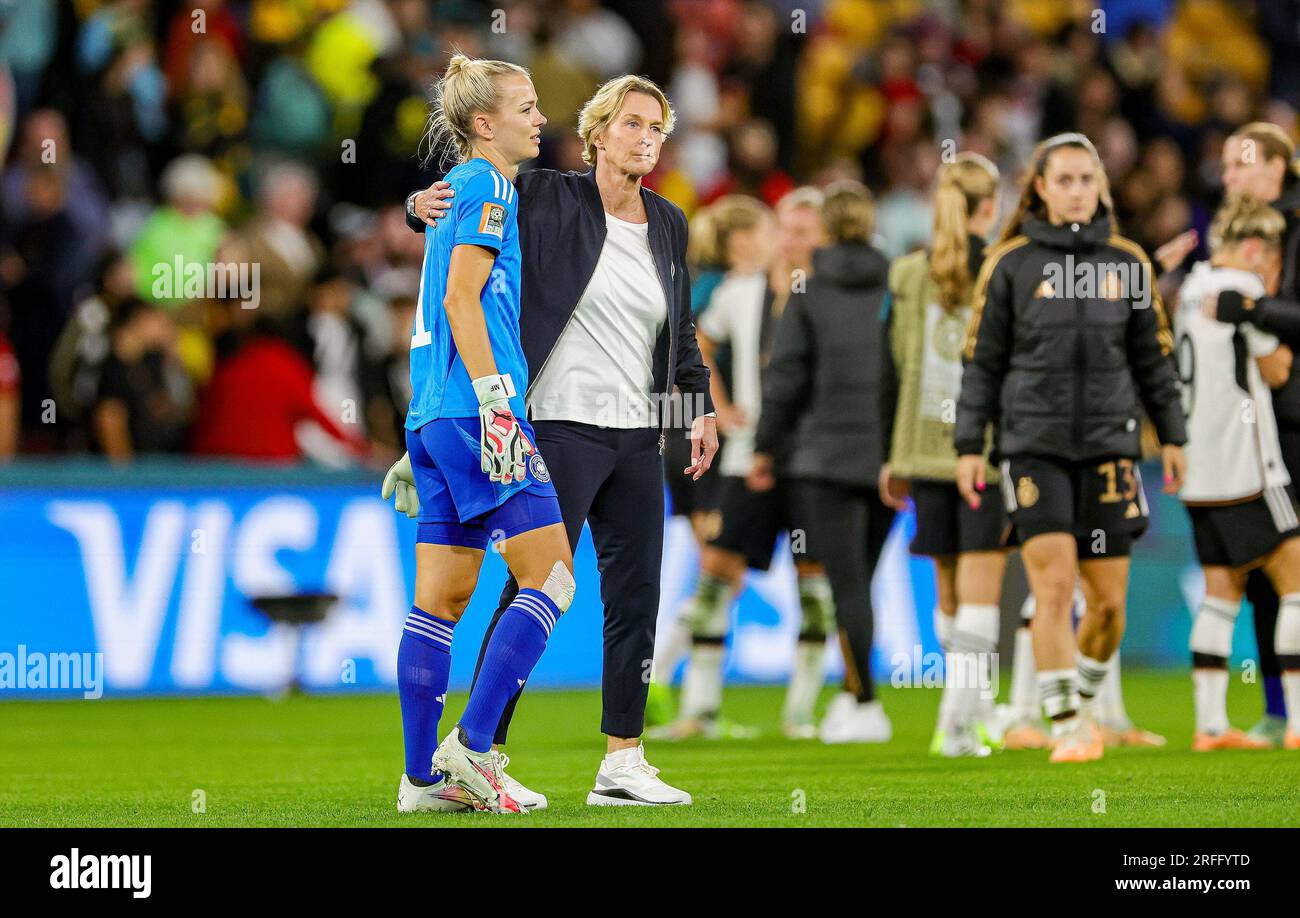 Coach Martina Voss-Tecklenburg of Germany comforts Merle Frohms (1) of Germany at full time during the 2023 FIFA Womenâ&#x80;&#x99;s World Cup, Group H football match between Korea Republic and Germany on 3 August 2023 at Brisbane Stadium in Brisbane, Australia Stock Photo