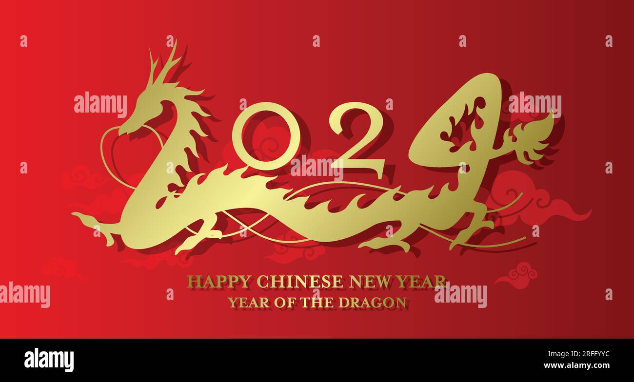 Happy chinese new year of dragon 2024 gold paper cut style design card