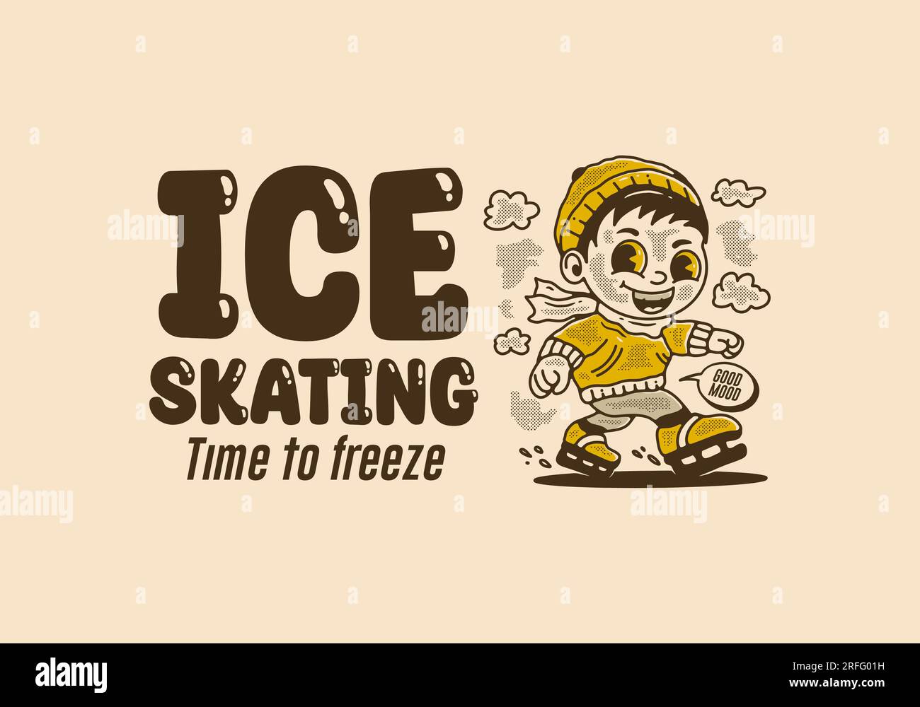 Ice skating time to freeze, mascot character illustration of a little