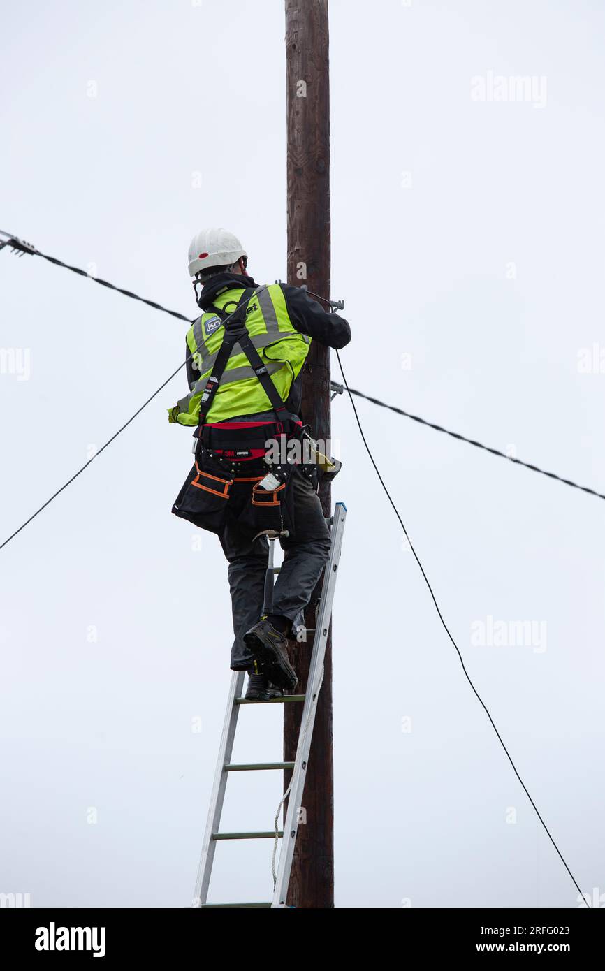 Technician attaching broadband fibre optic cable to a pole Stock Photo