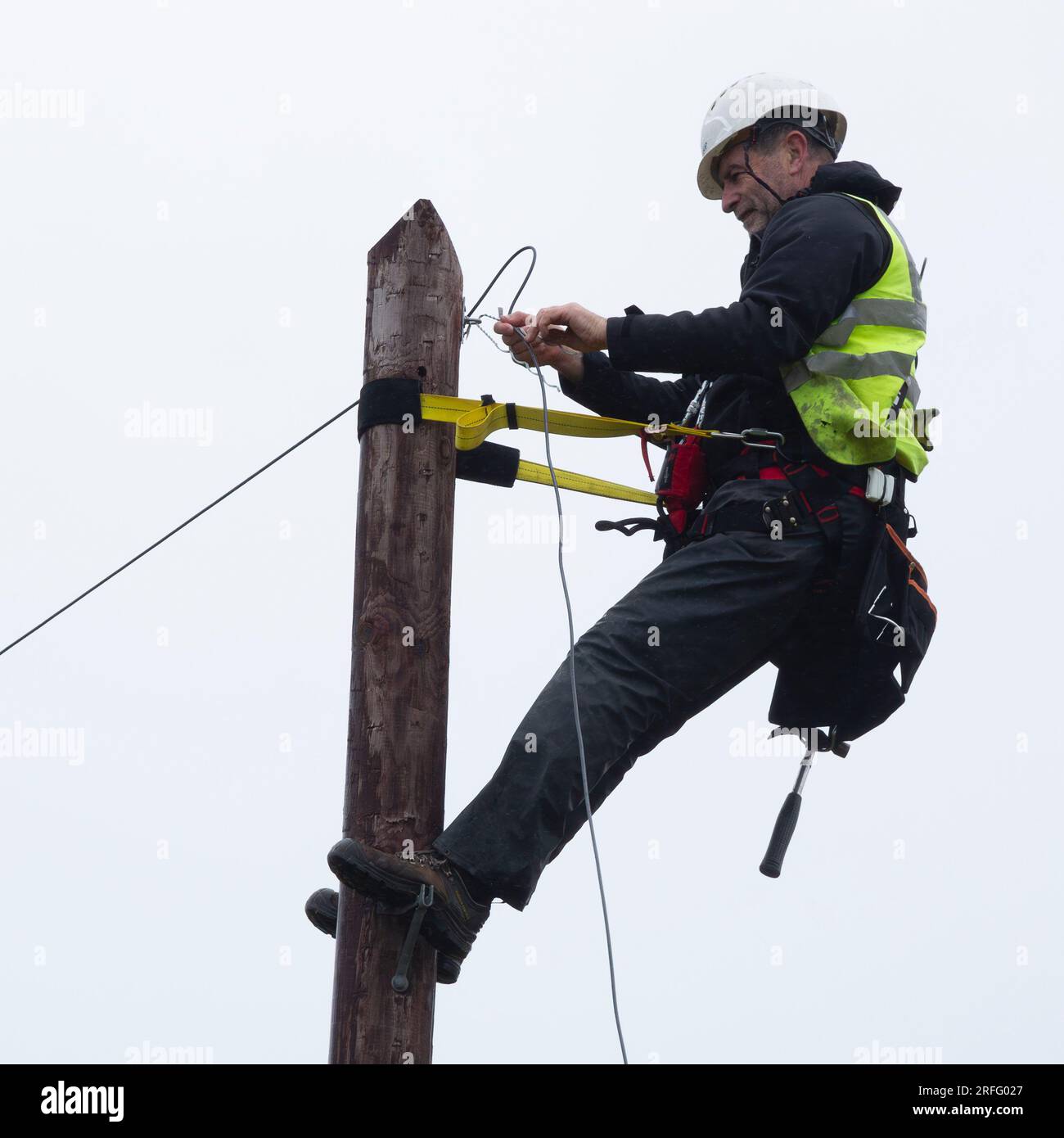 Technician attaching broadband fibre optic cable to a pole Stock Photo