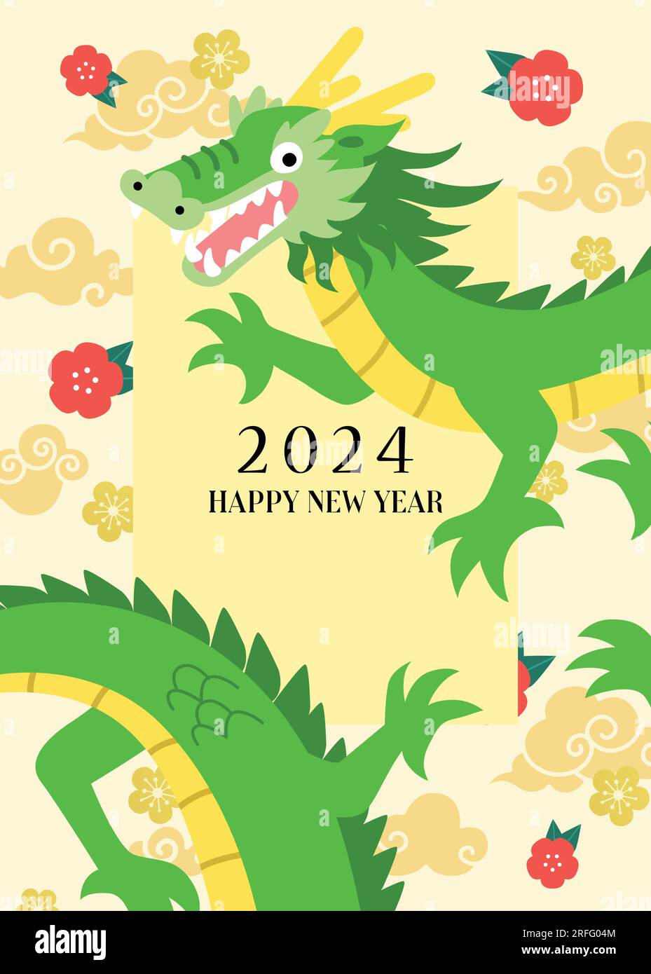 Year of the dragon 2025 card with oriental clouds and flowers. Cny or
