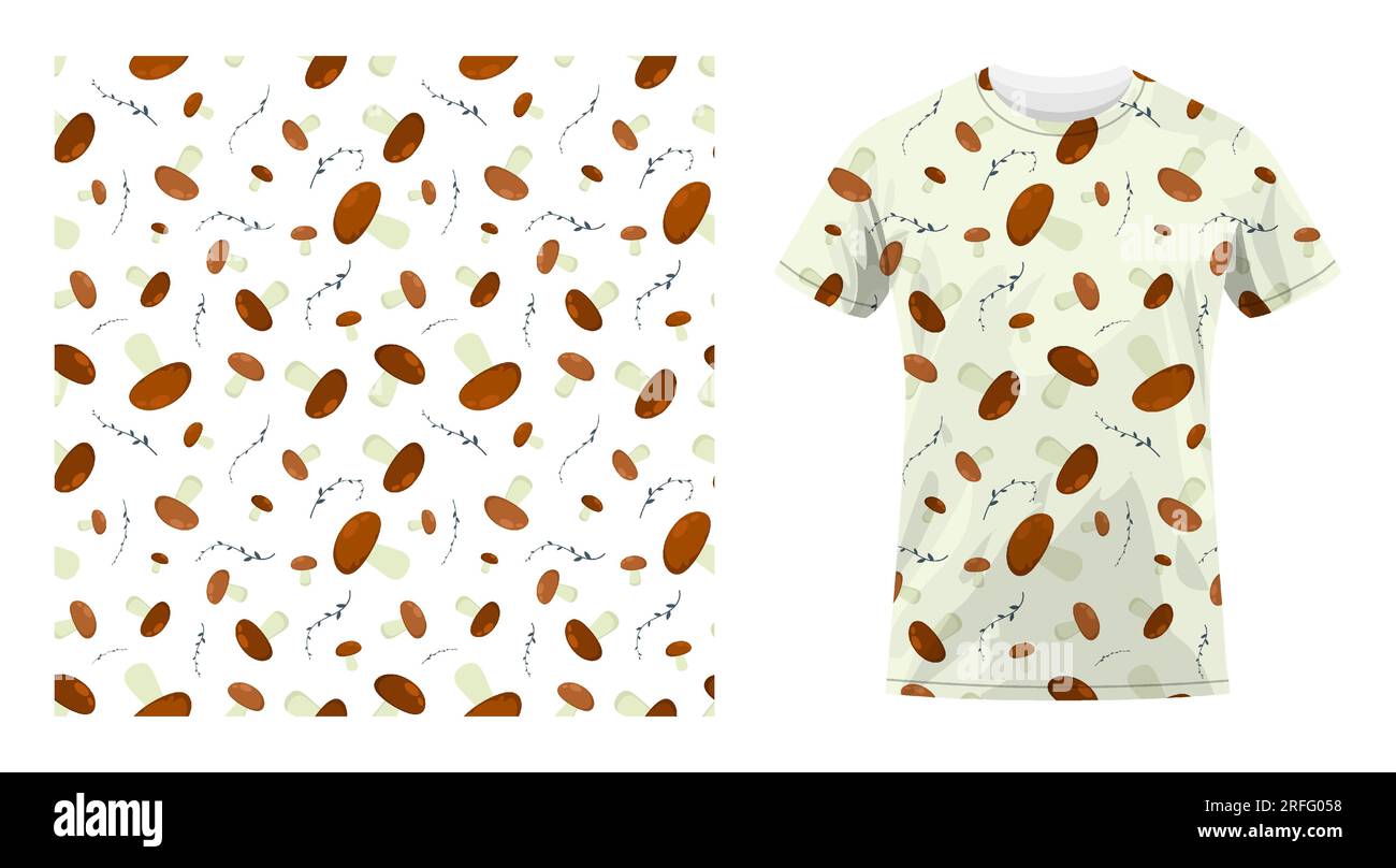 Short sleeved cotton sports t shirt decorated seamless pattern with edible mushrooms and spicy twigs. Cook uniform. Comfortable summer clothes. Vector Stock Vector