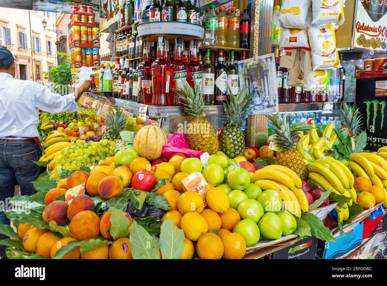 Rome, Lazio, Italy, Juice shop with various fruits in the street of