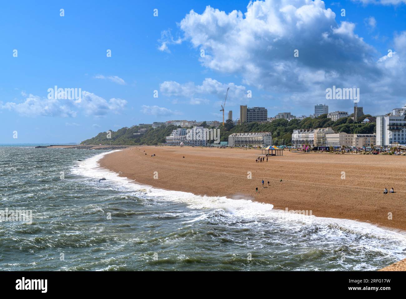 Mermaid Beach / Folkestone Beach. With pebble beach and rough sea on a windy day. Shot taken from the Harbour Arm - high above the sea. Stock Photo
