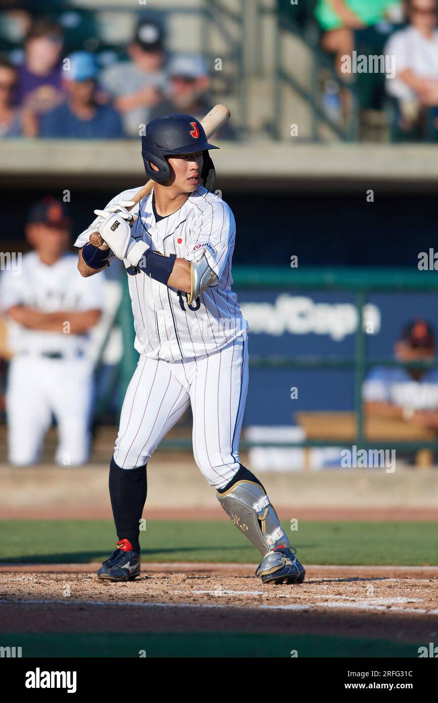 Rintaro Tsujimoto (10) of Japan at bat during the Collegiate All-Star  Championship Series against the USA Baseball Collegiate National Team on  July 11, 2023 at Joseph P. Riley Park in Charleston, South