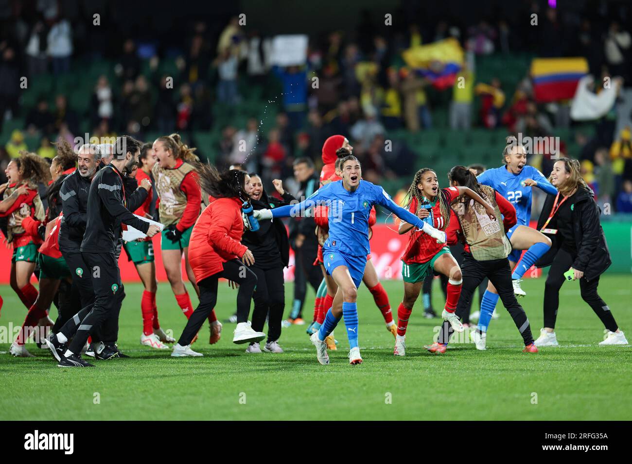 Perth, Australia. 3rd Aug, 2023. Morocco's goalkeeper Khadija Er-Rmichi (front) celebrates after the Group H match between Morocco and Colombia at the 2023 FIFA Women's World Cup in Perth, Australia, Aug. 3, 2023. Credit: Bai Xuefei/Xinhua/Alamy Live News Stock Photo