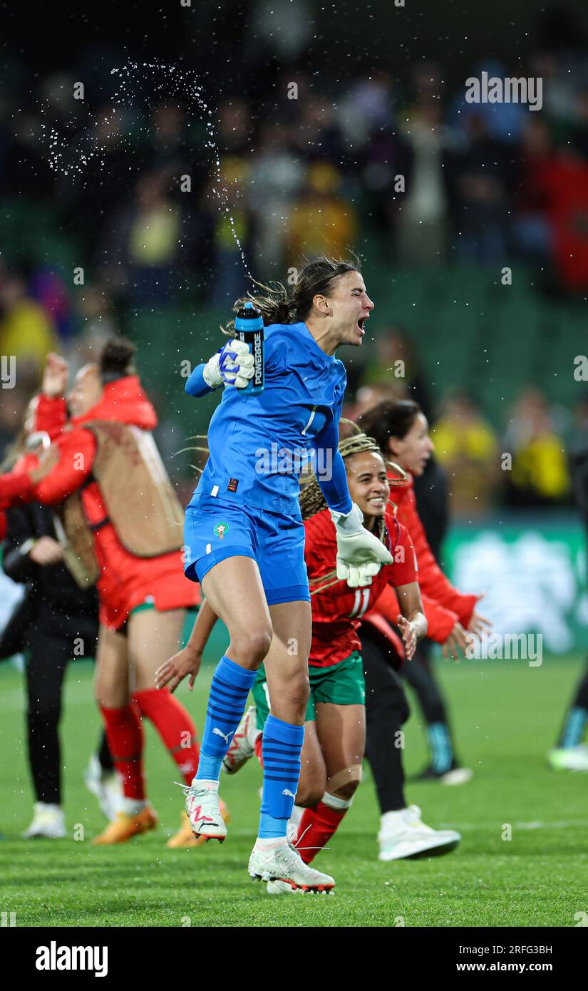 Perth, Australia. 3rd Aug, 2023. Morocco's goalkeeper Khadija Er-Rmichi (front) celebrates after the Group H match between Morocco and Colombia at the 2023 FIFA Women's World Cup in Perth, Australia, Aug. 3, 2023. Credit: Bai Xuefei/Xinhua/Alamy Live News Stock Photo